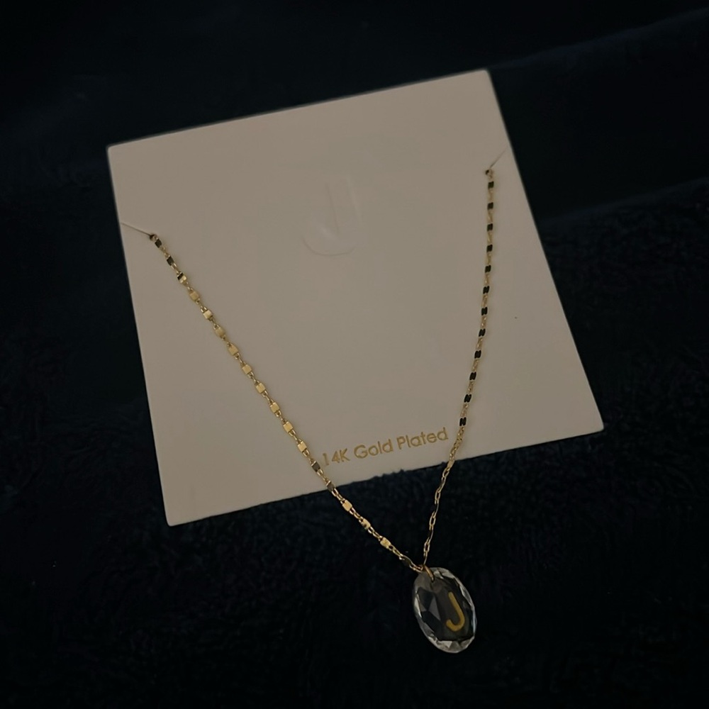 Beautiful “J” in 14K Gold Plated on a clear crystal necklace